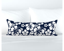 Navy Blue and White Hawaiian Flowers Extra Long Lumbar Throw Pillow