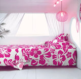 Surfer Girl Pink Hawaiian Flowers on White Sheet Set from Surfer Bedding™️ Medium Scale - Extremely Stoked