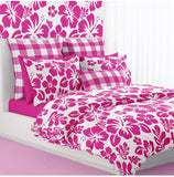 Surfer Girl Hot Pink Hibiscus and Hawaiian Flowers on White Duvet Cover -Medium Scale