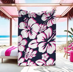 Navy Blue, Hot Pink and White Hawaiian Flowers Minky Throw Blanket - Extremely Stoked