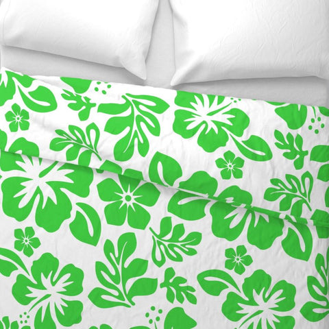 Bright Lime Green Hawaiian and Hibiscus Flowers on White Duvet Cover -Medium Scale - Extremely Stoked
