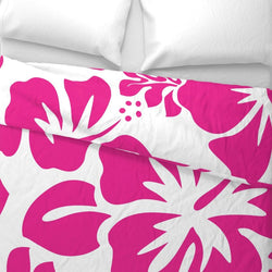 Surfer Girl Hot Pink Hawaiian Flowers on White Duvet Cover -Large Scale