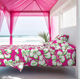 Preppy Surfer Girl Pink, Lime Green and White Hawaiian and Hibiscus Flowers Sheet Set from Surfer Bedding™️ Medium Scale - Extremely Stoked