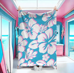 White and Soft Pink Hawaiian Flowers on Aqua Ocean Blue Minky Throw Blanket