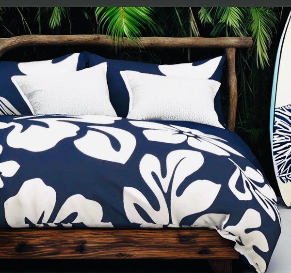 Navy Blue and White Hibiscus and Hawaiian Flowers Duvet Cover -Large Scale - Extremely Stoked