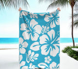 Aqua Blue and White Hawaiian Flowers Minky Throw Blanket - Extremely Stoked