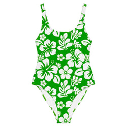 White Hawaiian Flowers on Fresh Green One-Piece Swimsuit - Extremely Stoked