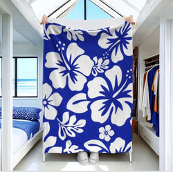White and Royal Blue Hawaiian Flowers Minky Throw Blanket
