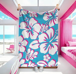 White and Hot Pink Hawaiian Flowers on Aqua Ocean Blue Minky Throw Blanket