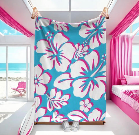 Aqua Blue, White and Hot Pink Hawaiian Flowers Minky Throw Blanket - Extremely Stoked