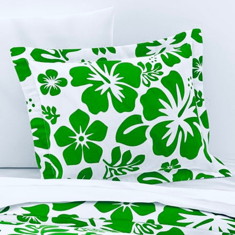 Fresh Green Hawaiian Hibiscus Flowers on White Pillow Sham - Extremely Stoked