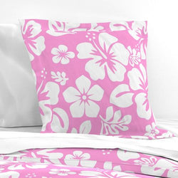 White Hawaiian Hibiscus Flowers on Pink Euro Pillow Sham - Extremely Stoked