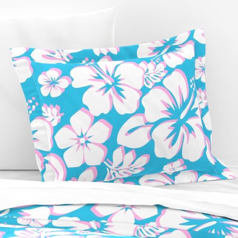 Aqua Ocean Blue, White and Pink Hawaiian Hibiscus Flowers Pillow Sham - Extremely Stoked