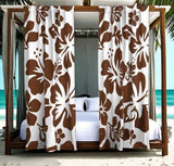 Chocolate Brown Hawaiian Flowers on White Window Curtains - Extremely Stoked
