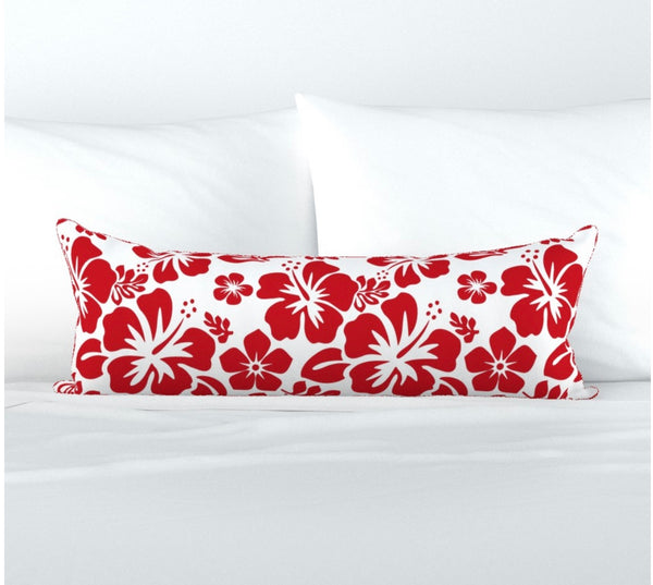 White and Red Hawaiian Flowers Extra Long Lumbar Throw Pillow