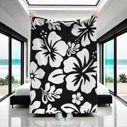 Black and White Hibiscus and Hawaiian Flowers Minky Throw Blanket