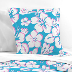 White and Pink Hawaiian Hibiscus Flowers on Aqua Ocean Blue Euro Pillow Sham - Extremely Stoked