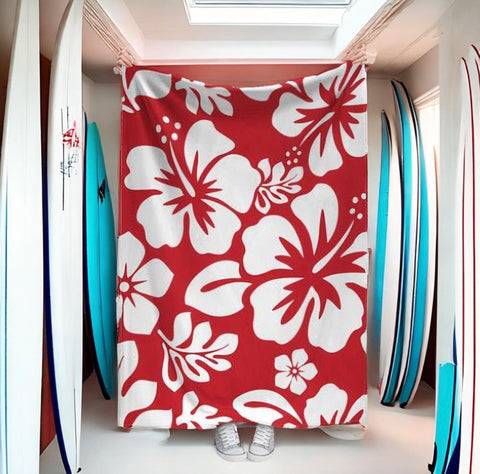 Red and White Hawaiian Flowers Minky Throw Blanket - Extremely Stoked