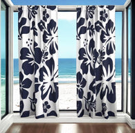 Navy Blue Hawaiian Flowers on White Window Curtains - Extremely Stoked