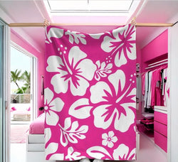 White Hibiscus and Hawaiian Flowers on Hot Pink Minky Throw Blanket