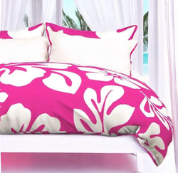 White Hibiscus and Hawaiian Flowers on Surfer Girl Pink Duvet Cover -Large Scale - Extremely Stoked