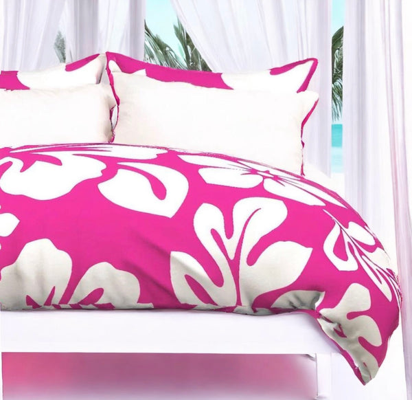 White Hibiscus and Hawaiian Flowers on Surfer Girl Pink Duvet Cover -Large Scale - Extremely Stoked