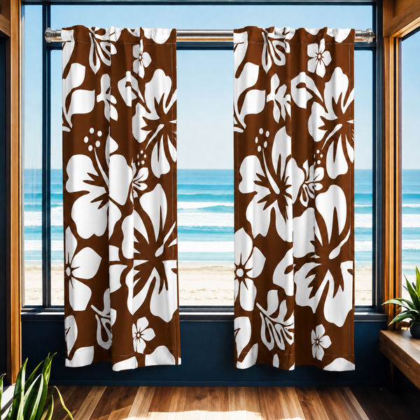 White Hawaiian Flowers on Chocolate Brown Window Curtains - Extremely Stoked® Eco Beach Luxe Collection - Large Scale