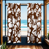 White Hawaiian Flowers on Chocolate Brown Window Curtains - Extremely Stoked® Eco Beach Luxe Collection - Large Scale