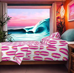 Surfer Girl Pink and Juicy Orange Classic Surfboards Sheet Set from Surfer Bedding™️ Large Scale - Extremely Stoked