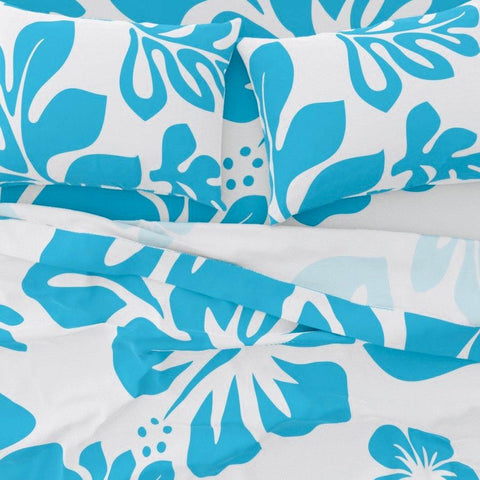 Aqua Ocean Blue Hawaiian Flowers on White Sheet Set from Surfer Bedding™️ Large Scale - Extremely Stoked