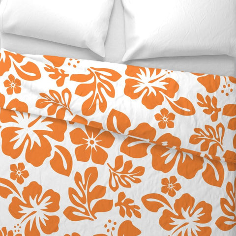 Juicy Orange Hibiscus and Hawaiian Flowers on White Duvet Cover -Medium Scale - Extremely Stoked