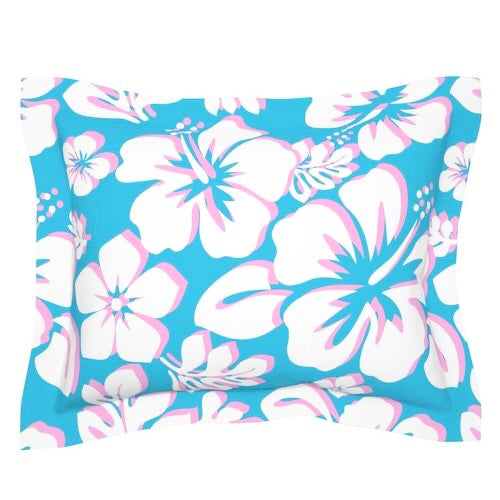 Aqua Ocean Blue, White and Pink Hawaiian Hibiscus Flowers Pillow Sham - Extremely Stoked