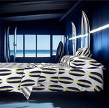 Navy Blue, White and Yellow Classic Surfboards Sheet Set from Surfer Bedding™️ Large Scale - Extremely Stoked
