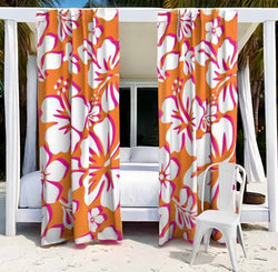 Juicy Orange, Surfer Girl Pink and White Hawaiian Flowers Window Curtains - Extremely Stoked