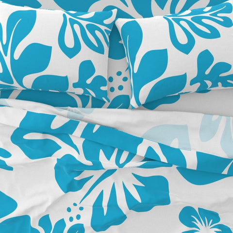 Aqua Ocean Blue Hawaiian Flowers on White Sheet Set