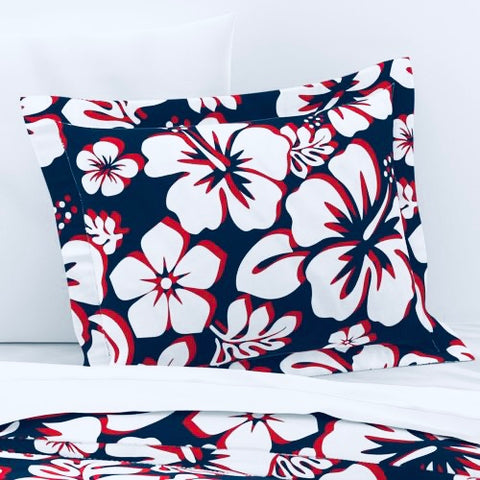 Navy Blue, Red and White Hibiscus Hawaiian Flowers Pillow Sham - Extremely Stoked