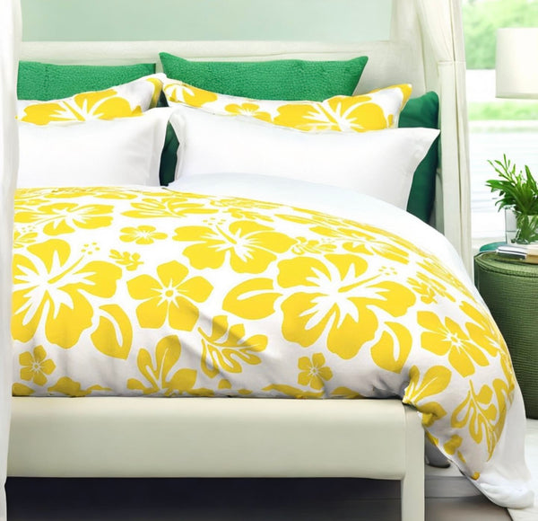 Yellow Hawaiian Hibiscus Flowers on White Duvet Cover - Medium Scale - Extremely Stoked