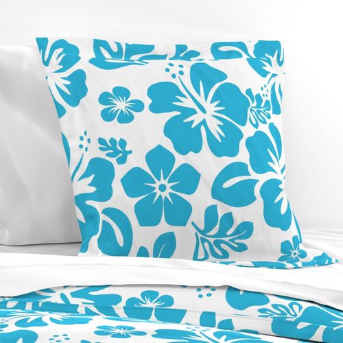 Aqua Ocean Blue and White Hawaiian Hibiscus Flowers Euro Pillow Sham - Extremely Stoked