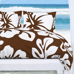Brown & White Hawaiian Flowers Duvet Cover – Large Scale – Extremely Stoked® Eco Luxe Beach Bedding