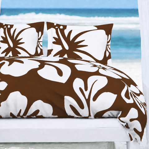 Brown & White Hawaiian Flowers Duvet Cover – Large Scale – Extremely Stoked® Eco Luxe Beach Bedding