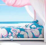 White and Soft Pink Hawaiian Flowers on Aqua Ocean Blue Sheet Set from Surfer Bedding™️ Large Scale - Extremely Stoked