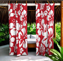 White Hawaiian Flowers on Surfer Red Window Curtains - Extremely Stoked