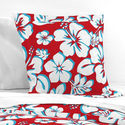 White and Aqua Blue Hawaiian Hibiscus Flowers on Red Euro Pillow Sham - Extremely Stoked