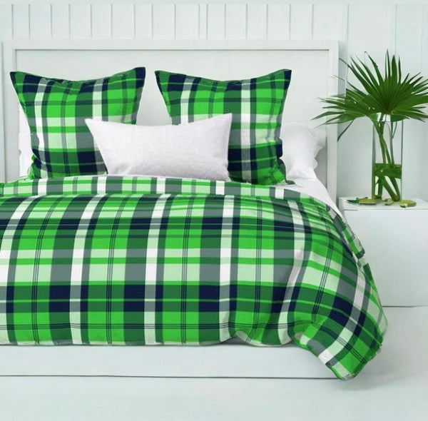 Navy Blue and Lime Green Preppy Surfer Plaid Duvet Cover - Extremely Stoked® Eco Luxe Beach Bedding