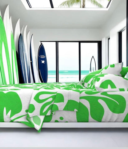 Bright Lime Green Hawaiian Flowers on White Sheet Set from Surfer Bedding™️ Large Scale - Extremely Stoked