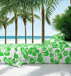 Bright Lime Green Hawaiian Flowers on White Sheet Set from Surfer Bedding™️ Medium Scale - Extremely Stoked