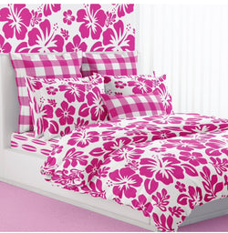 Surfer Girl Hot Pink Hibiscus and Hawaiian Flowers on White Duvet Cover -Medium Scale