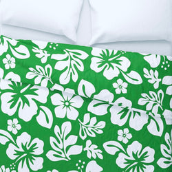 White Hawaiian and Hibiscus Flowers on Fresh Green Duvet Cover -Medium Scale - Extremely Stoked