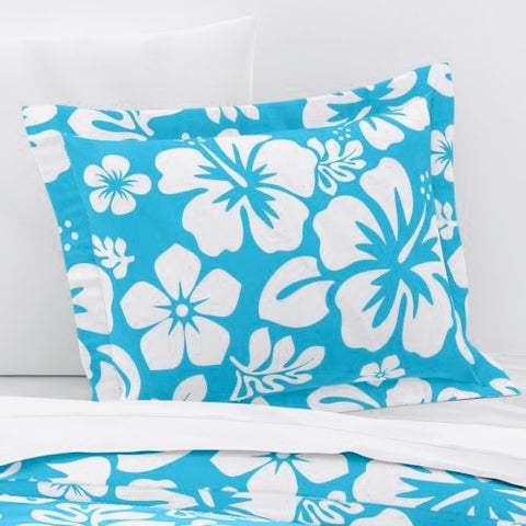 White Hawaiian Hibiscus Flowers on Aqua Ocean Blue Pillow Sham - Extremely Stoked