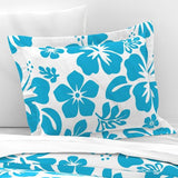 Ocean Aqua Blue Hawaiian Hibiscus Flowers on White Duvet Cover - Medium Scale - Extremely Stoked